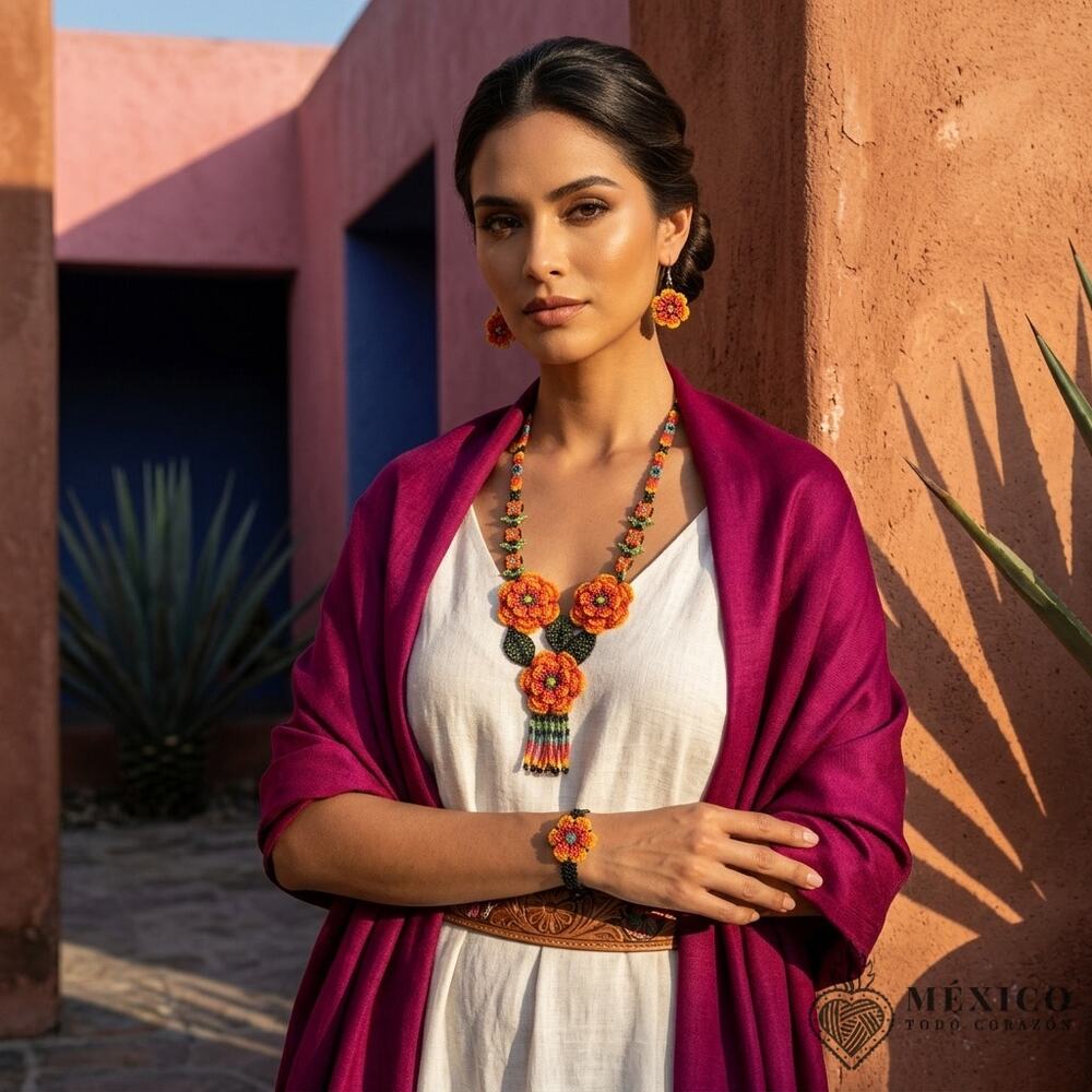 Huichol Mexican art 3 piece necklace earings and bracelet orange